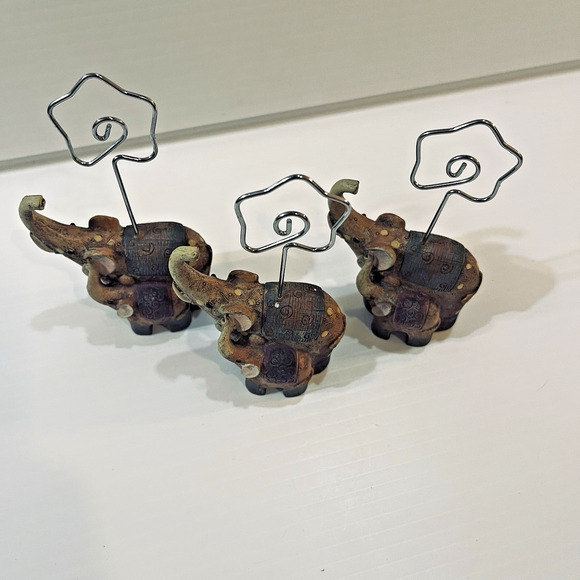 Elephant Photo Holder Set Of 3 Mom With Baby Trunks Up Figurine - Picture 6 of 13